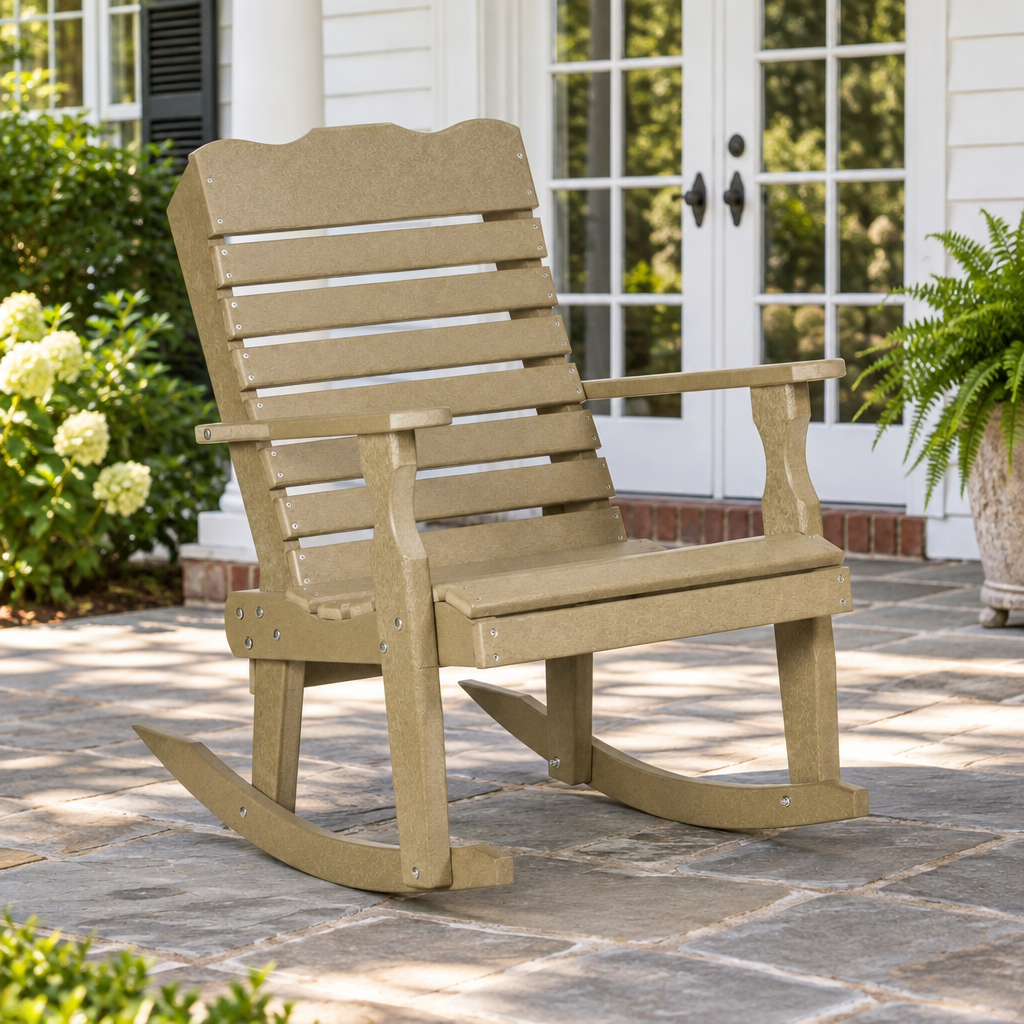 Amish Poly Patio Curve Back Single Rocking Chair shown in the back patio of a traditional colonial home