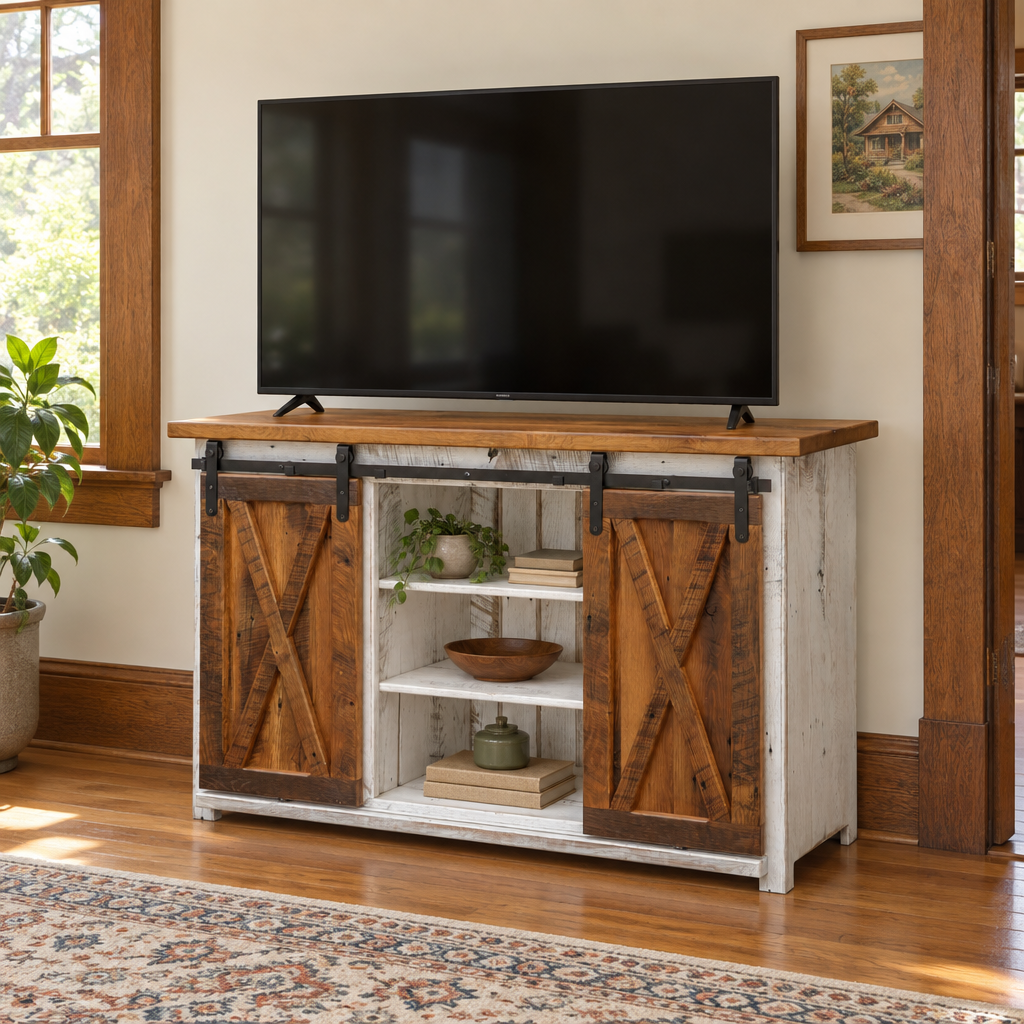 Amish 52" Rustic Reclaimed Wood Sliding Barn Door TV Stand for up to 60" TV shown in the living room of a craftsman bungalow home