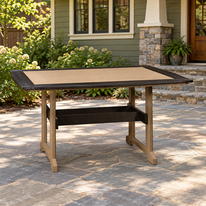 Amish Poly Great Bay Rectangular Patio Dining Table shown in the back patio of a craftsman bungalow home