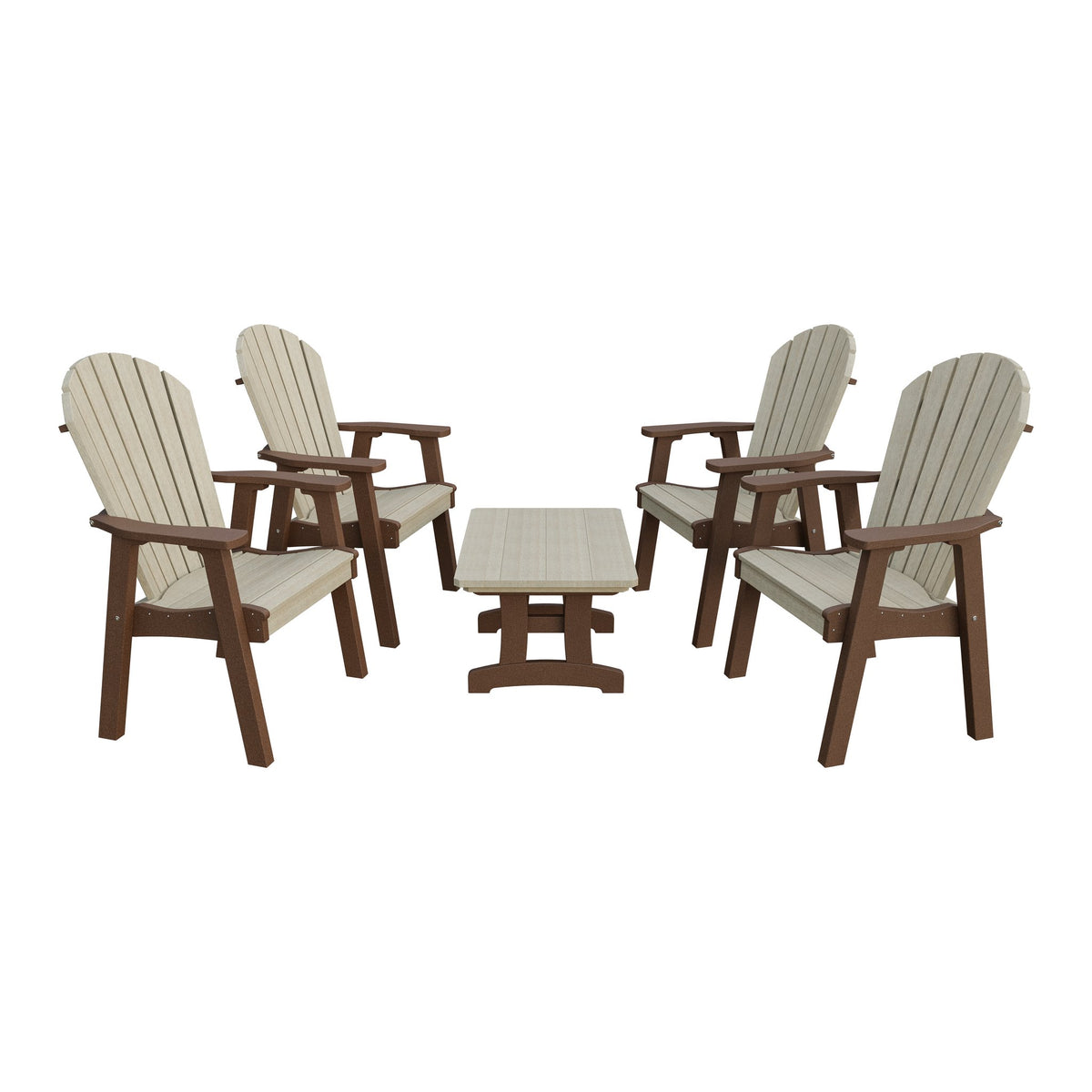 Amish Adirondack 5pc Patio Conversation Set: 4 Dining Chairs & Coffee Table in Birchwood & Tudor Brown
