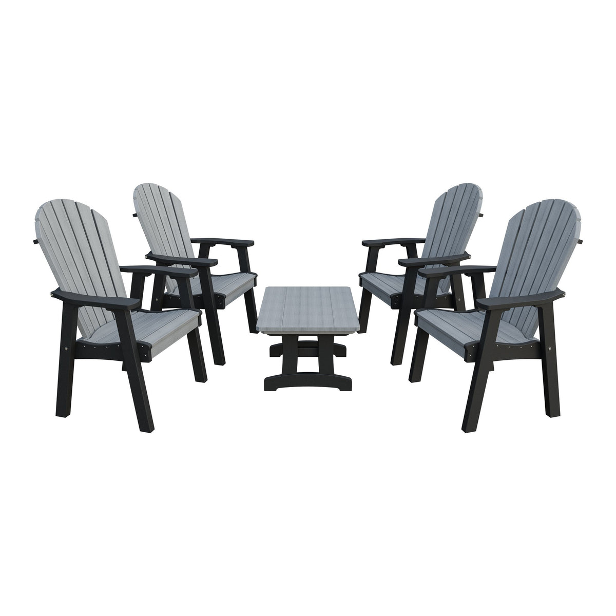 Amish Adirondack 5pc Patio Conversation Set: 4 Dining Chairs & Coffee Table in Driftwood Gray & Black