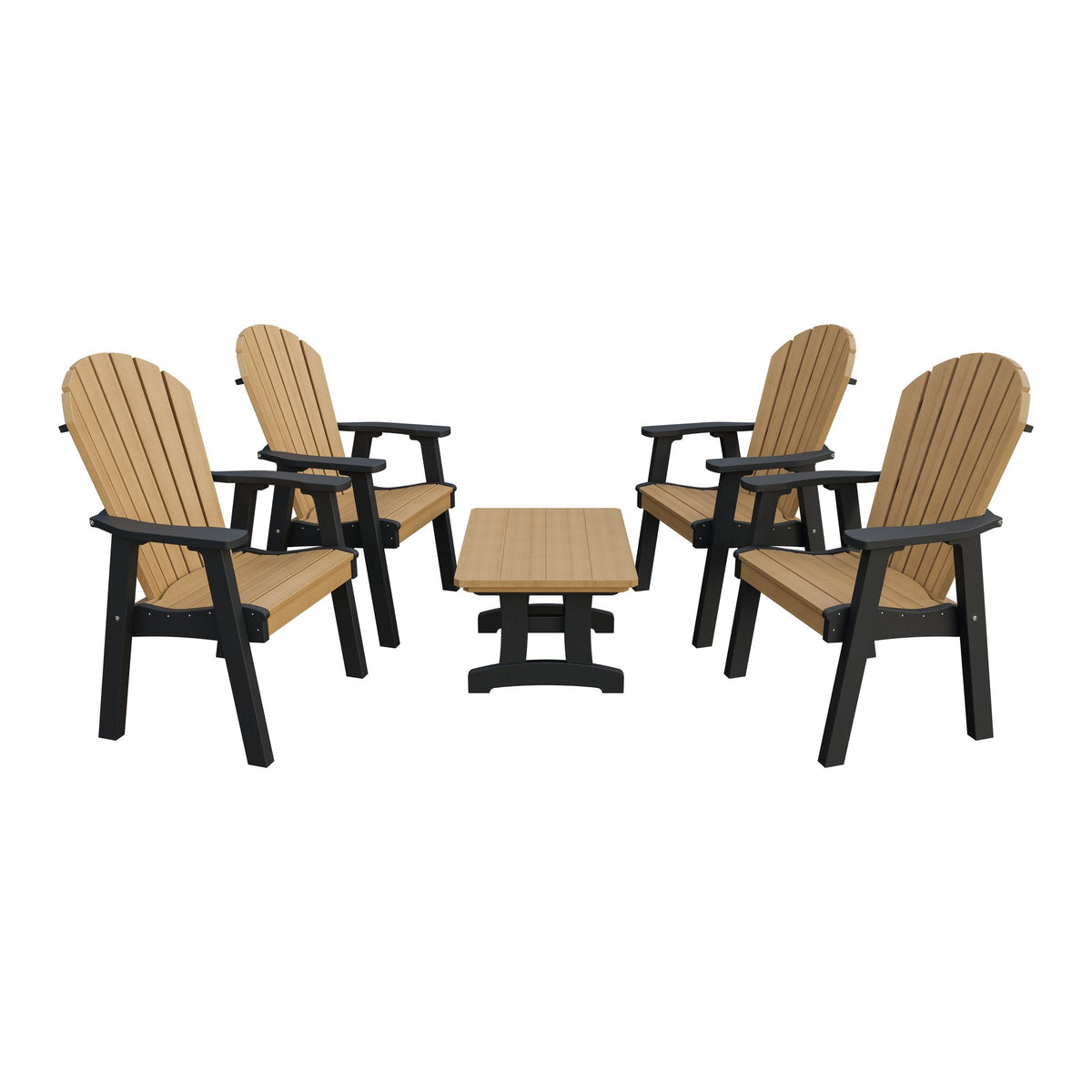 Amish Adirondack 5pc Patio Conversation Set: 4 Dining Chairs & Coffee Table in Natural Teak & Black