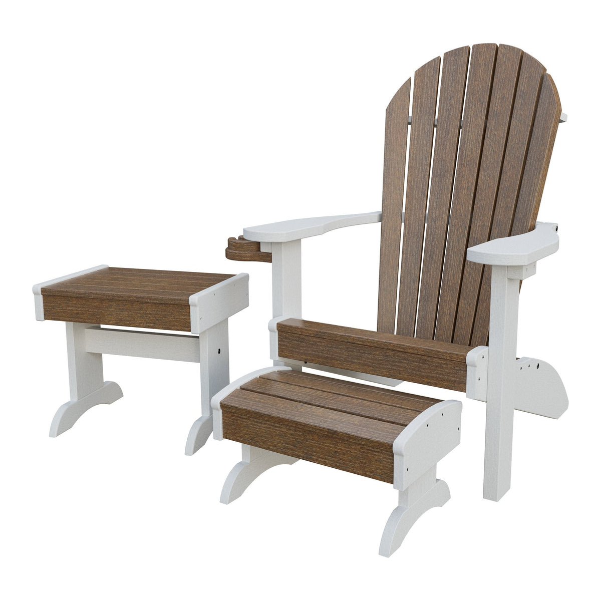Amish Adirondack 4pc Patio Set: Chair, Footstool, Cupholder & End Table in Antique Mahogany & White