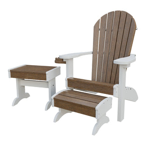 Amish Adirondack 4pc Patio Set: Chair, Footstool, Cupholder & End Table in Antique Mahogany & White