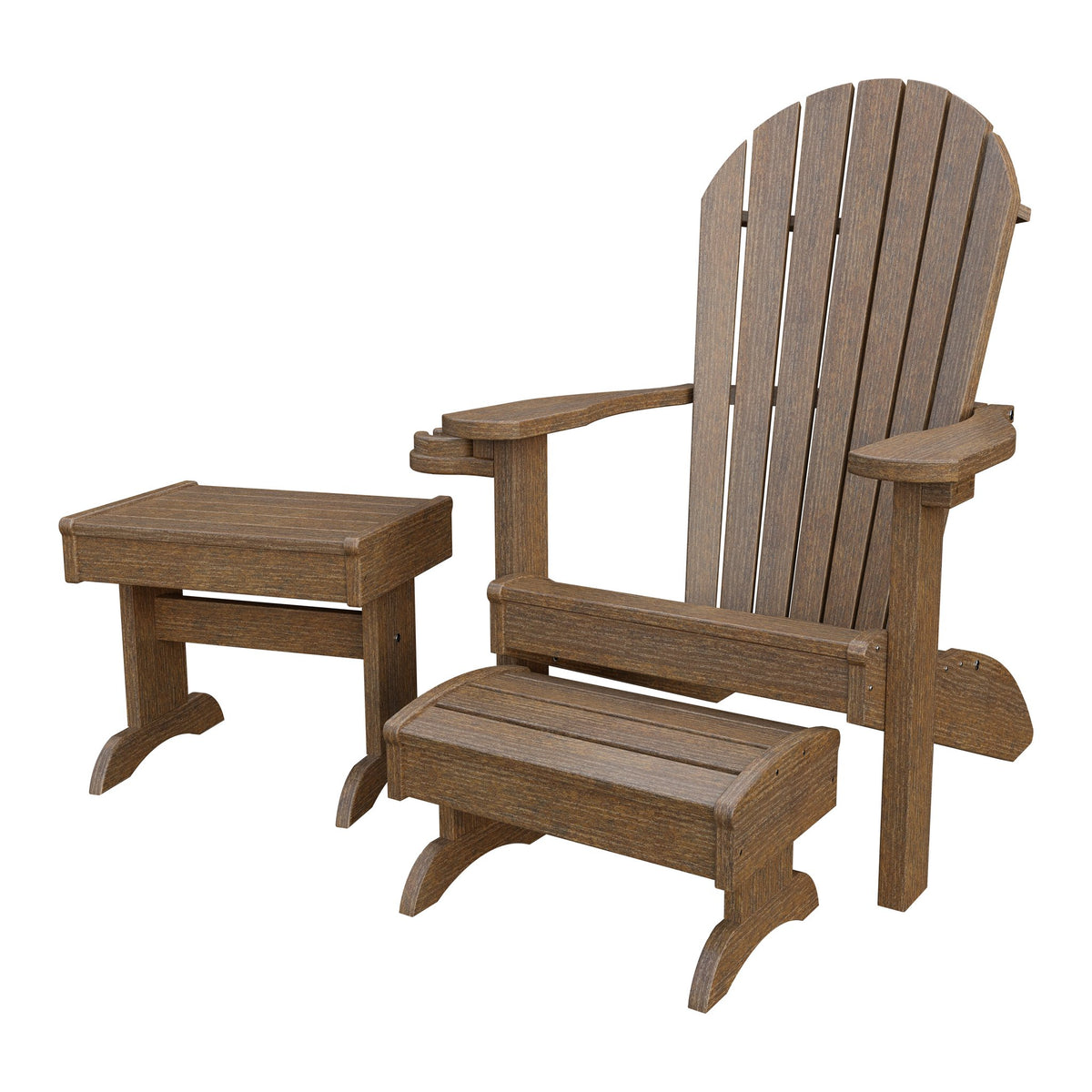Amish Adirondack 4pc Patio Set: Chair, Footstool, Cupholder & End Table in Antique Mahogany