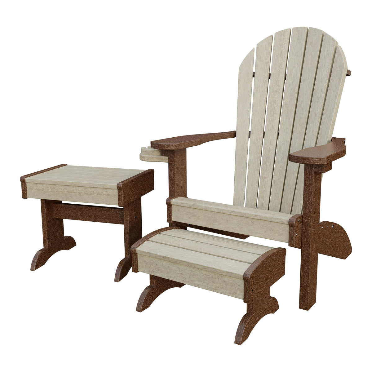 Amish Adirondack 4pc Patio Set: Chair, Footstool, Cupholder & End Table in Birchwood & Tudor Brown