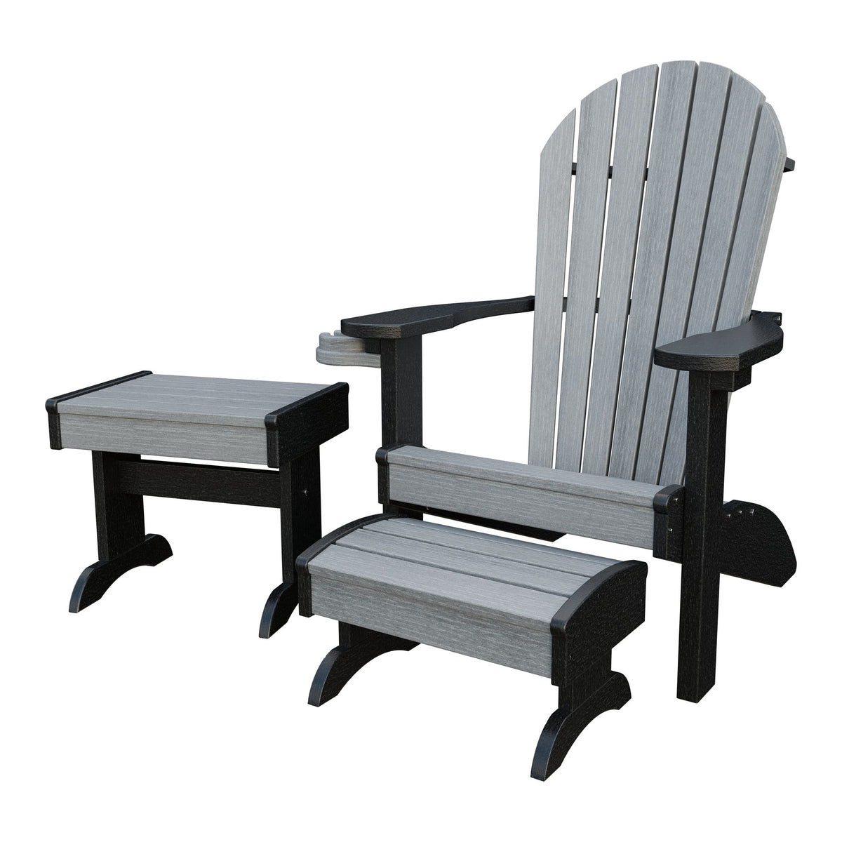 Amish Adirondack 4pc Patio Set: Chair, Footstool, Cupholder & End Table in Driftwood Gray & Black