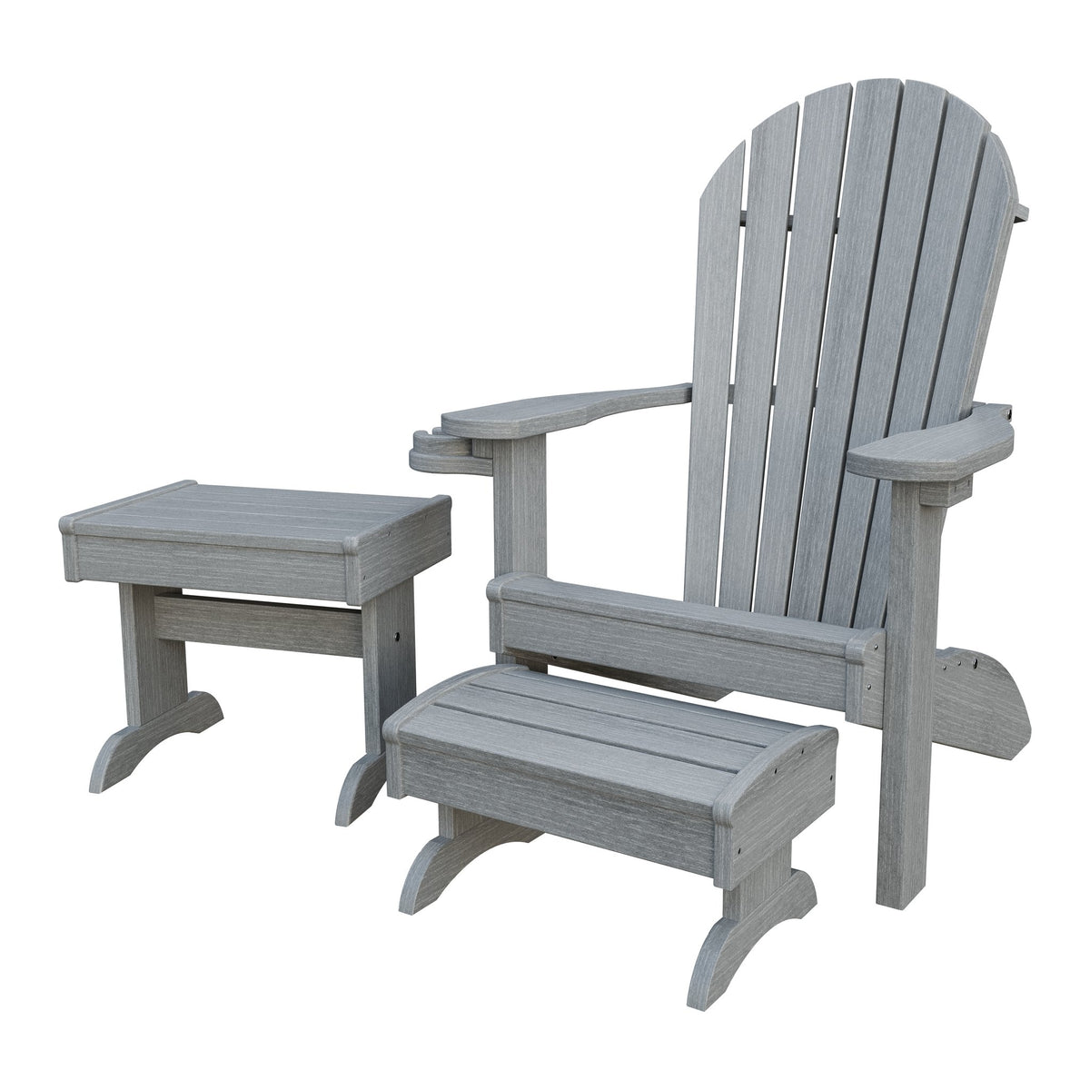 Amish Adirondack 4pc Patio Set: Chair, Footstool, Cupholder & End Table in Driftwood Gray