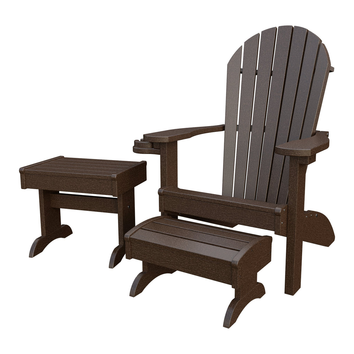 Amish Adirondack 4pc Patio Set: Chair, Footstool, Cupholder & End Table in Milwaukee Brown