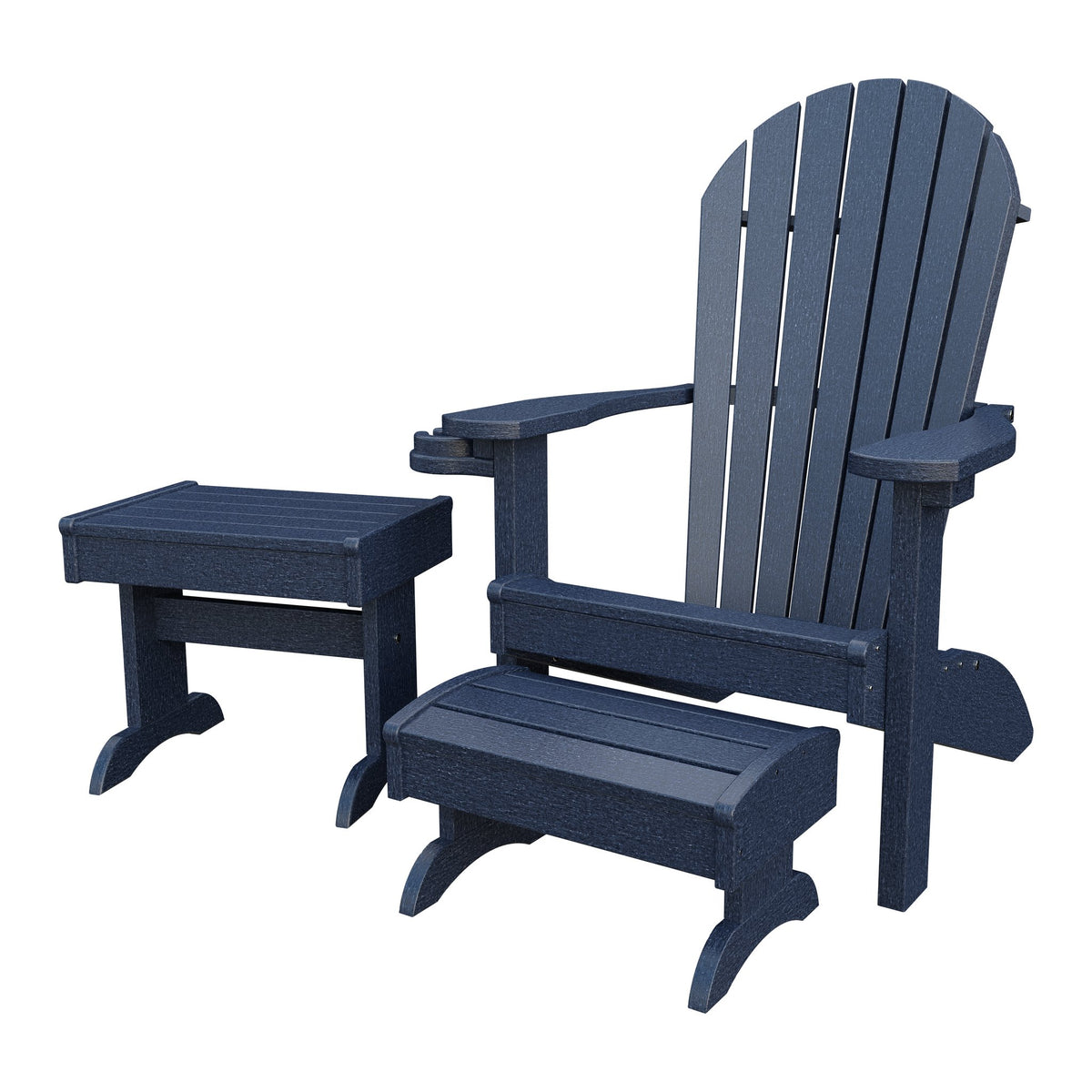 Amish Adirondack 4pc Patio Set: Chair, Footstool, Cupholder & End Table in Patriot Blue