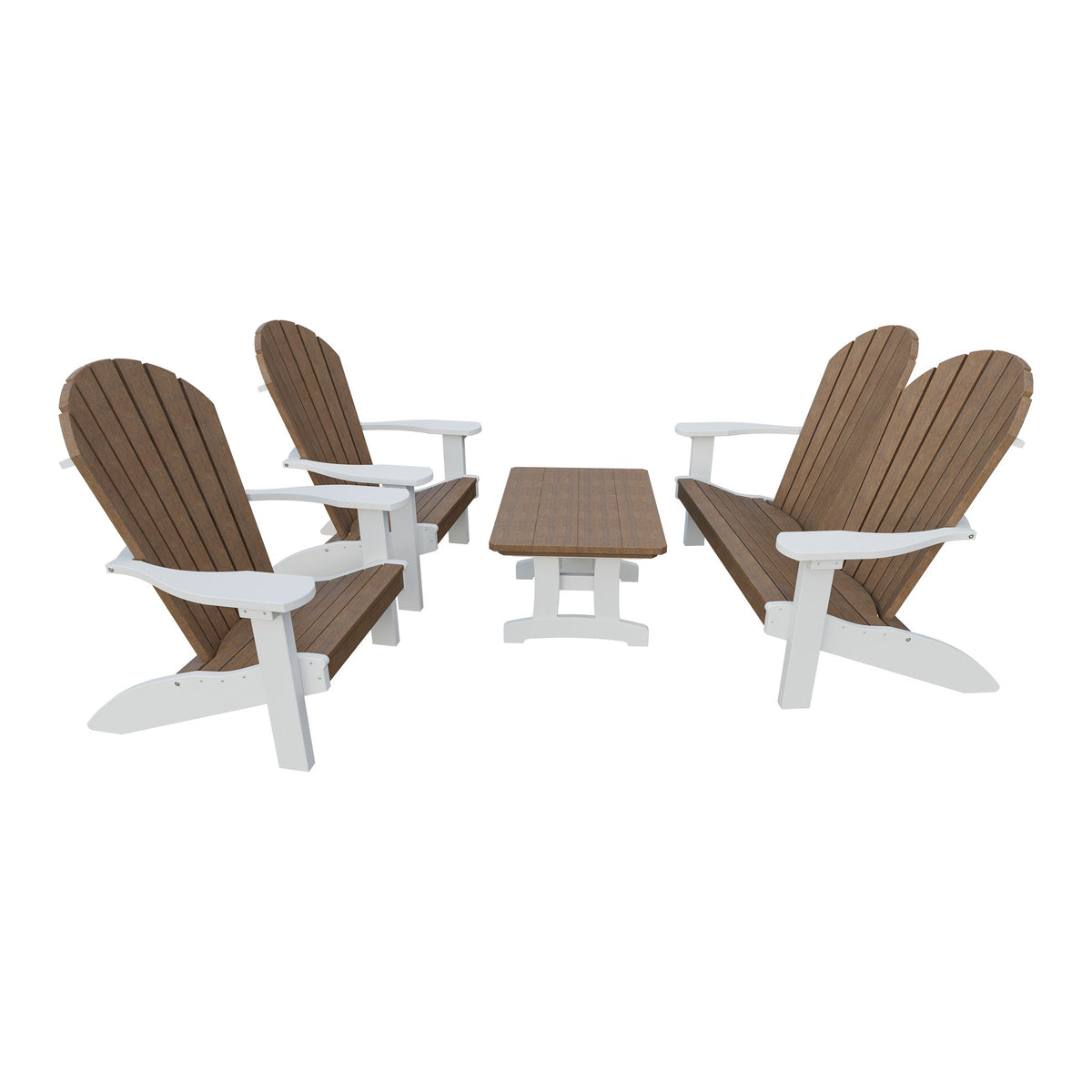 Amish Adirondack 4pc Patio Garden Set: Loveseat, 2 Chairs & Coffee Table in Antique Mahogany & White