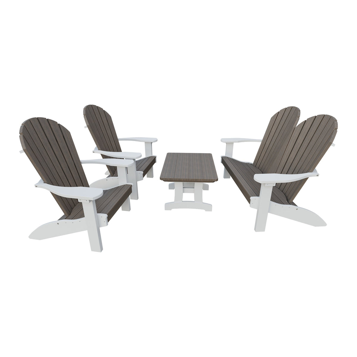 Amish Adirondack 4pc Patio Garden Set: Loveseat, 2 Chairs & Coffee Table in Brazilian Walnut & White