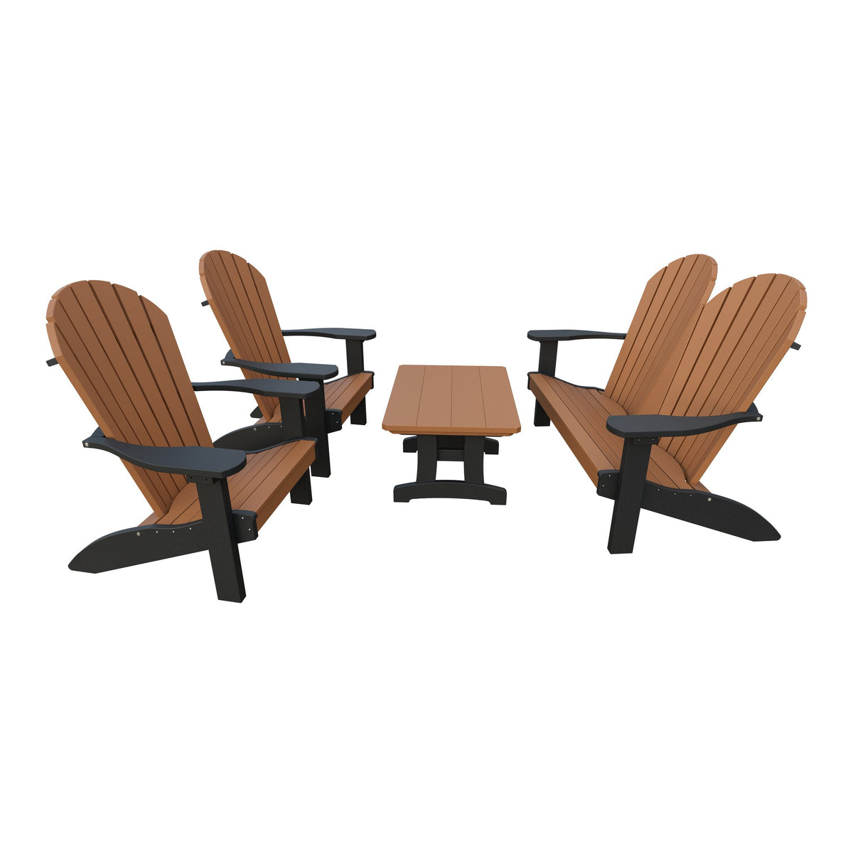 Amish Adirondack 4pc Patio Garden Set: Loveseat, 2 Chairs & Coffee Table in Cedar & Black