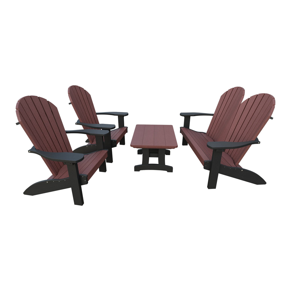 Amish Adirondack 4pc Patio Garden Set: Loveseat, 2 Chairs & Coffee Table in Cherrywood & Black