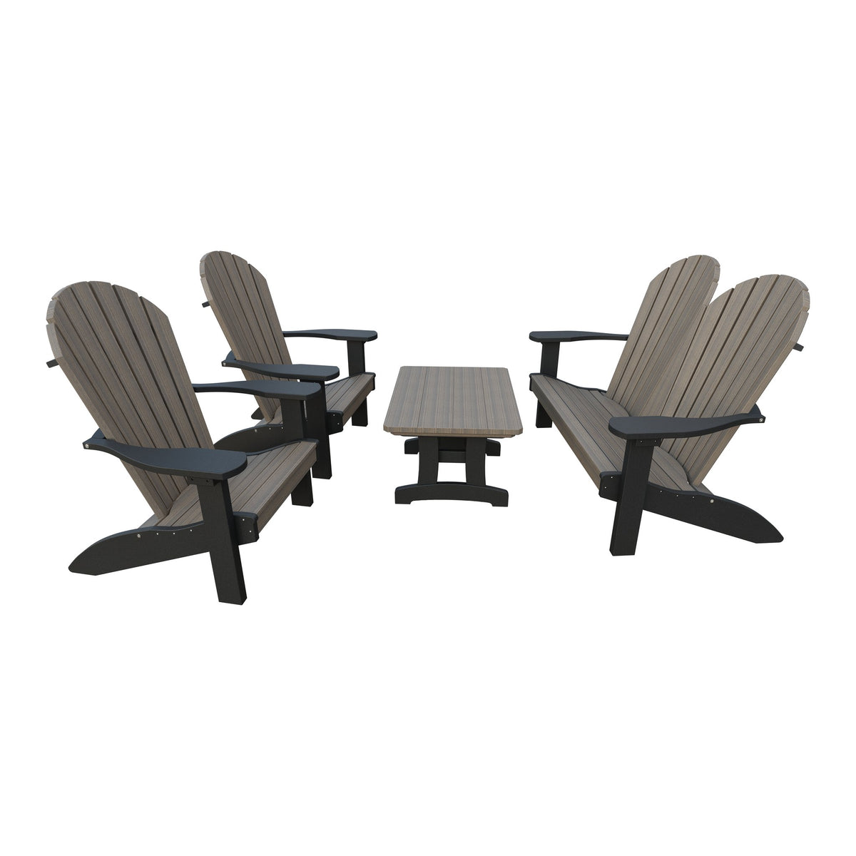 Amish Adirondack 4pc Patio Garden Set: Loveseat, 2 Chairs & Coffee Table in Coastal Gray & Black