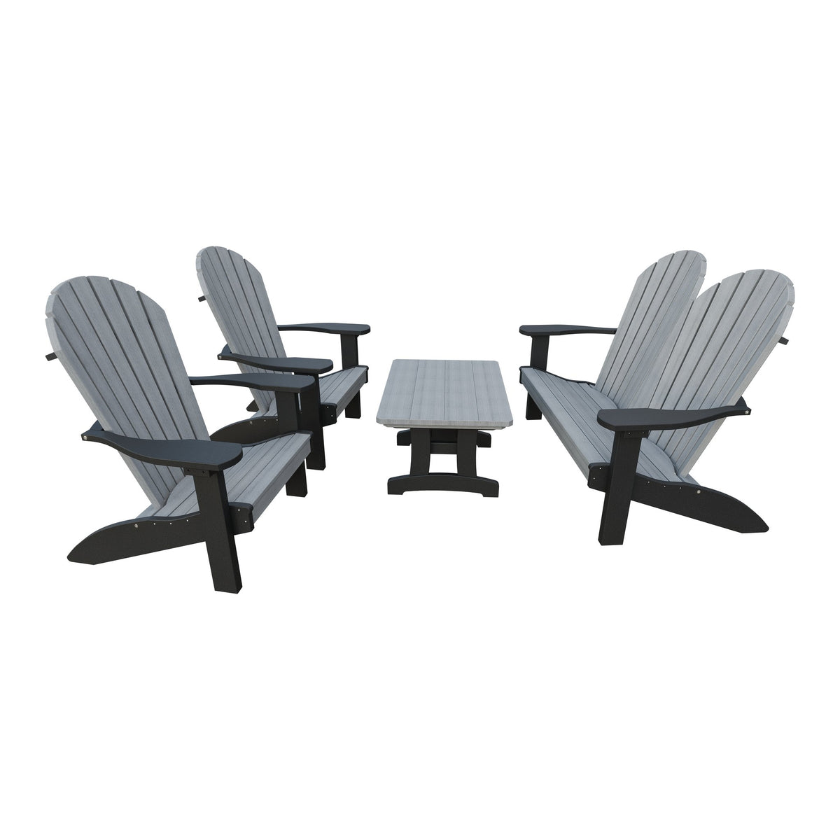 Amish Adirondack 4pc Patio Garden Set: Loveseat, 2 Chairs & Coffee Table in Driftwood Gray & Black