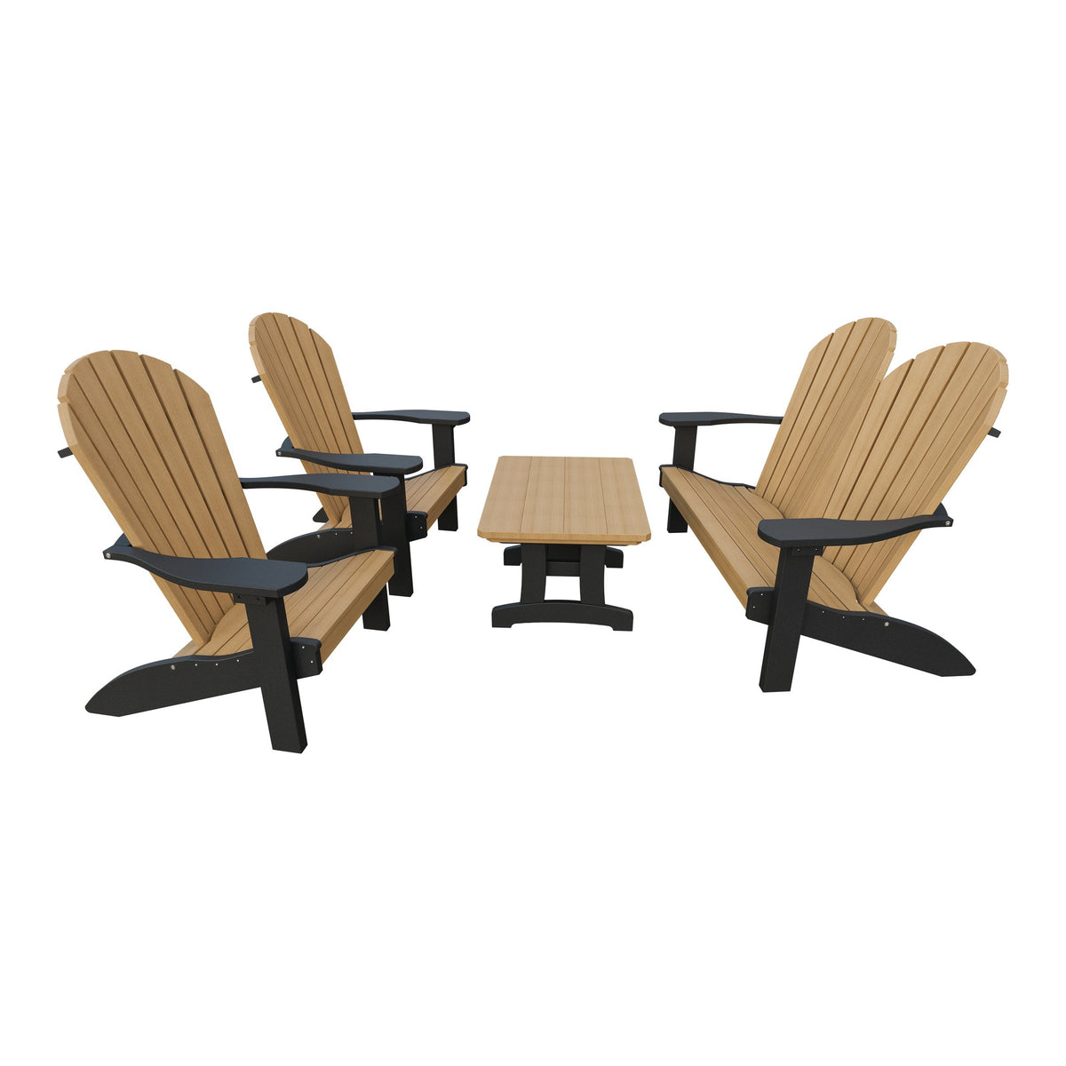 Amish Adirondack 4pc Patio Garden Set: Loveseat, 2 Chairs & Coffee Table in Natural Teak & Black