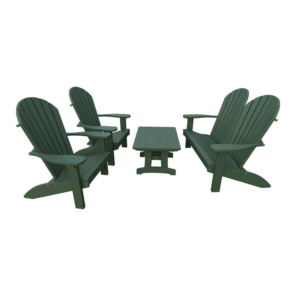 Amish Adirondack 4pc Patio Garden Set: Loveseat, 2 Chairs & Coffee Table in Turf Green