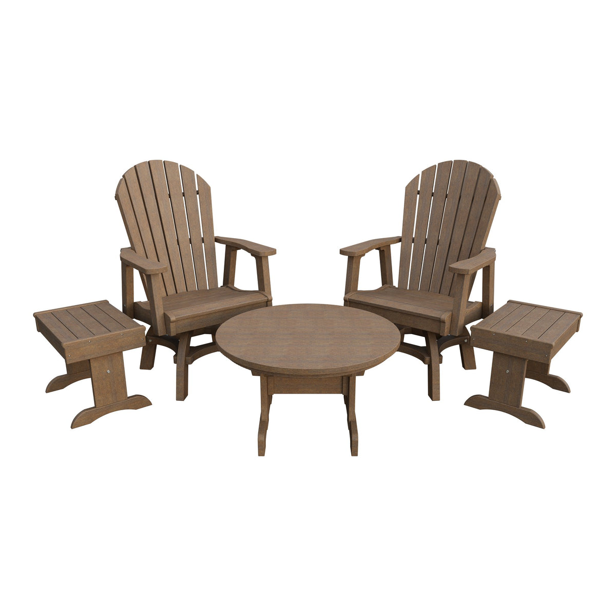 Amish Adirondack 5pc Set: 2 Swivel Dining Chairs, 2 End Tables & Round Coffee Table in Antique Mahogany