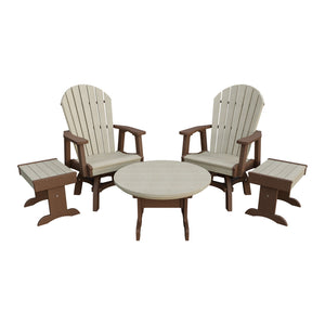 Amish Adirondack 5pc Set: 2 Swivel Dining Chairs, 2 End Tables & Round Coffee Table in Birchwood & Tudor Brown