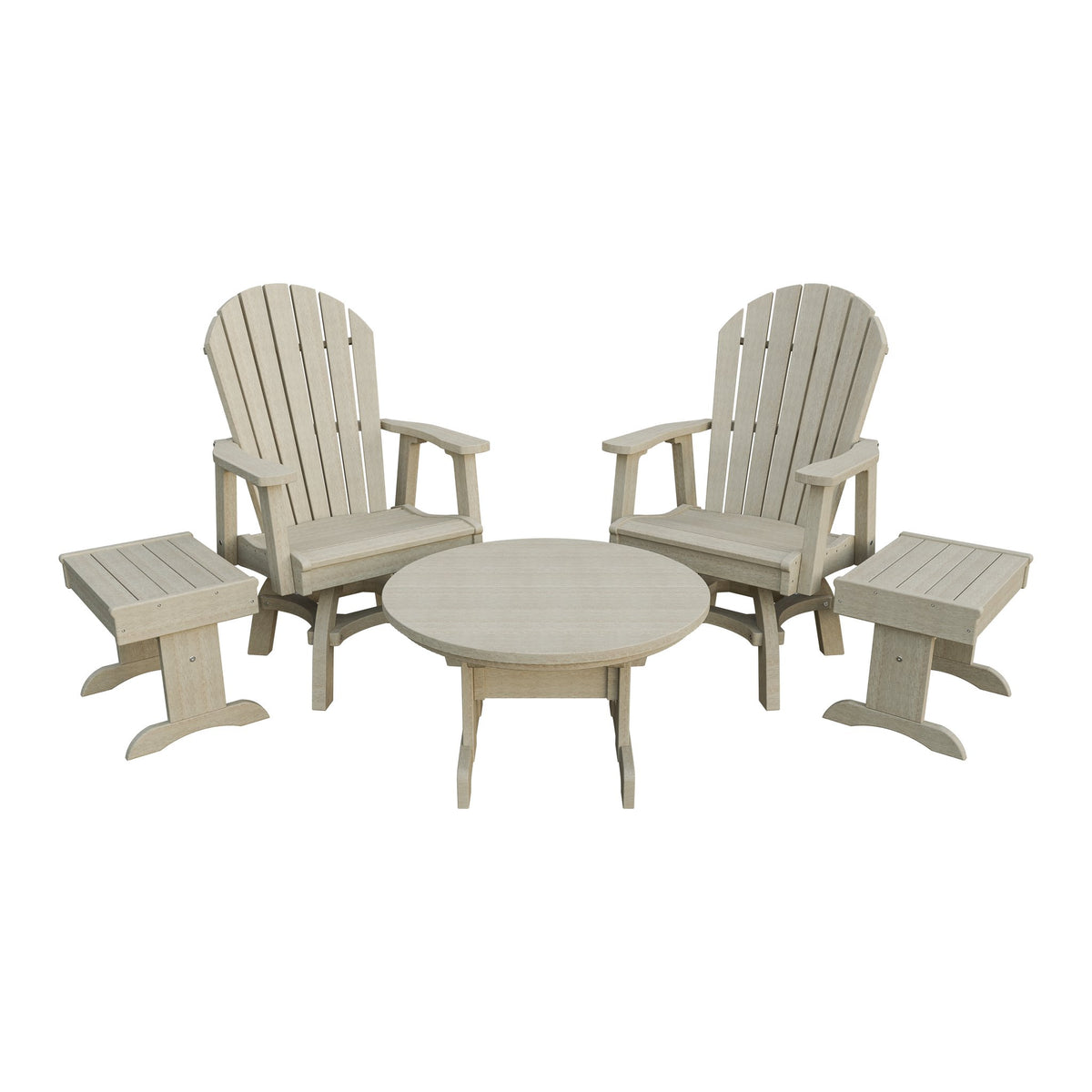 Amish Adirondack 5pc Set: 2 Swivel Dining Chairs, 2 End Tables & Round Coffee Table in Birchwood
