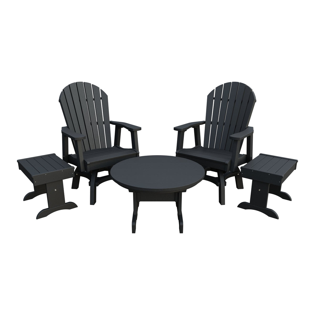 Amish Adirondack 5pc Set: 2 Swivel Dining Chairs, 2 End Tables & Round Coffee Table in Black