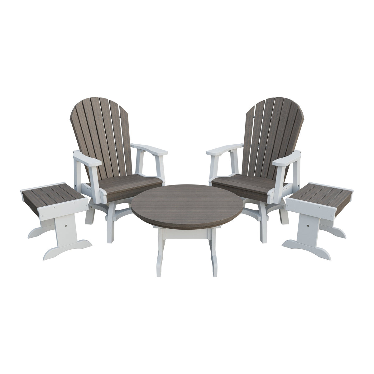 Amish Adirondack 5pc Set: 2 Swivel Dining Chairs, 2 End Tables & Round Coffee Table in Brazilian Walnut & White