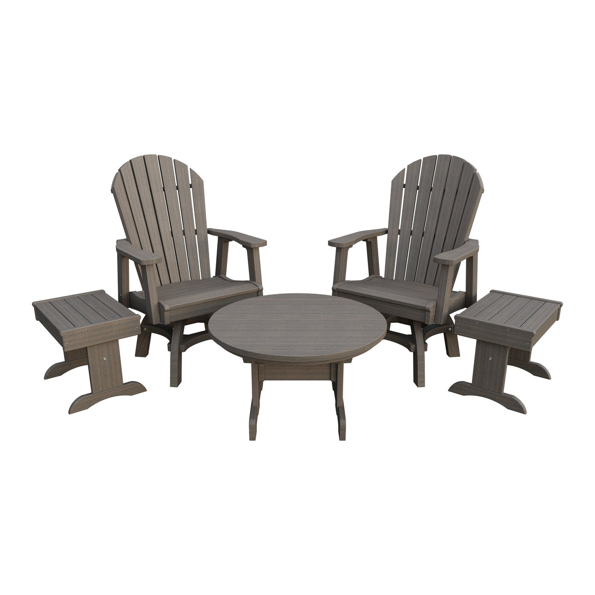Amish Adirondack 5pc Set: 2 Swivel Dining Chairs, 2 End Tables & Round Coffee Table in Brazilian Walnut