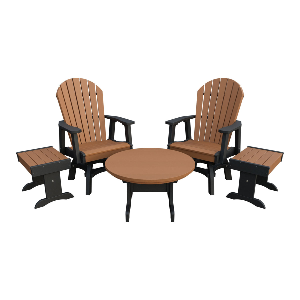 Amish Adirondack 5pc Set: 2 Swivel Dining Chairs, 2 End Tables & Round Coffee Table in Cedar & Black