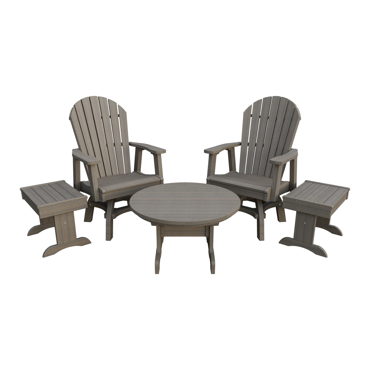 Amish Adirondack 5pc Set: 2 Swivel Dining Chairs, 2 End Tables & Round Coffee Table in Coastal Gray