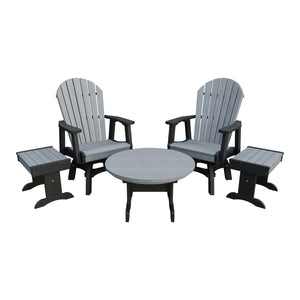 Amish Adirondack 5pc Set: 2 Swivel Dining Chairs, 2 End Tables & Round Coffee Table in Driftwood Gray & Black