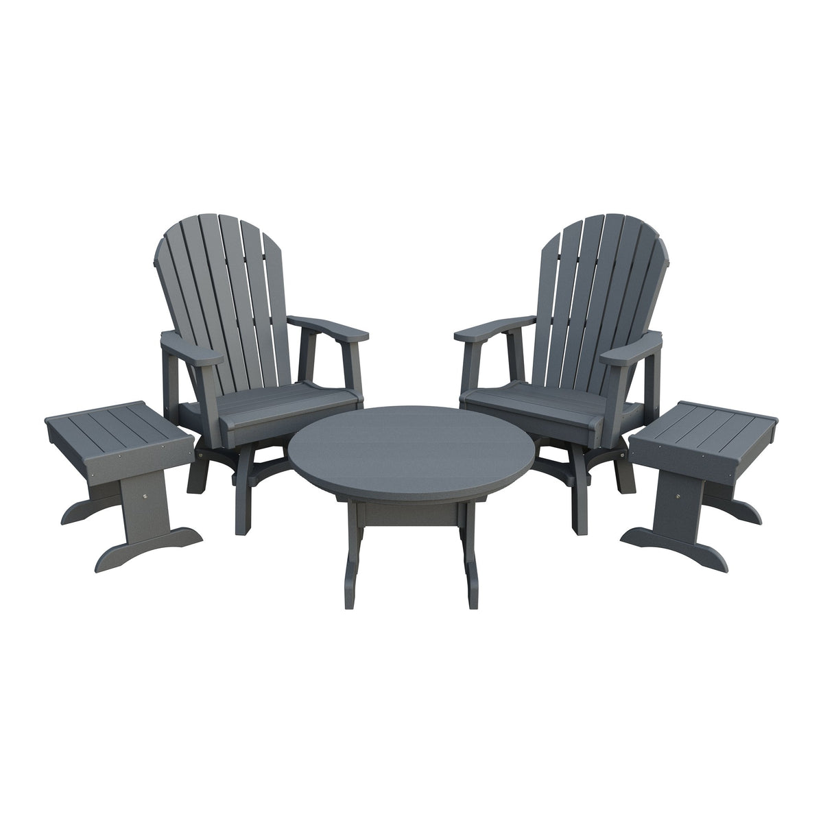 Amish Adirondack 5pc Set: 2 Swivel Dining Chairs, 2 End Tables & Round Coffee Table in Gray