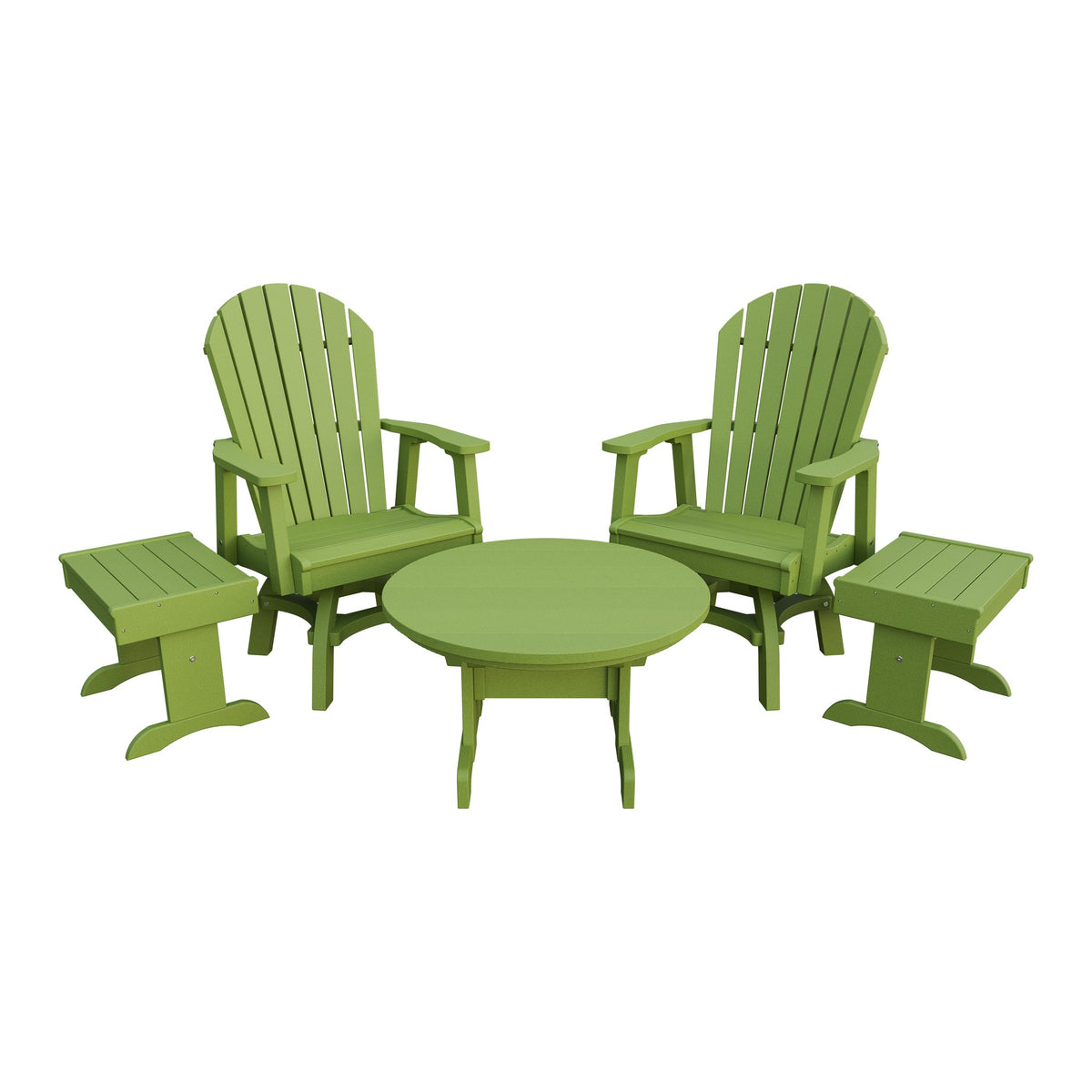 Amish Adirondack 5pc Set: 2 Swivel Dining Chairs, 2 End Tables & Round Coffee Table in Tropical Lime Green