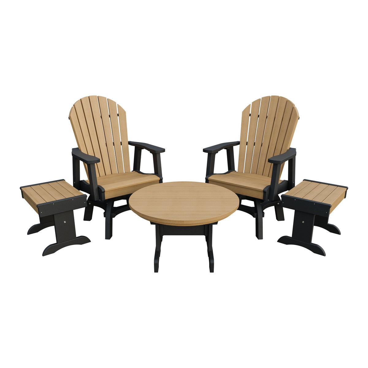 Amish Adirondack 5pc Set: 2 Swivel Dining Chairs, 2 End Tables & Round Coffee Table in Natural Teak & Black