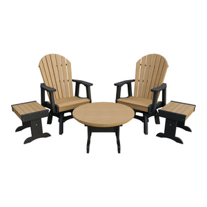 Amish Adirondack 5pc Set: 2 Swivel Dining Chairs, 2 End Tables & Round Coffee Table in Natural Teak & Black