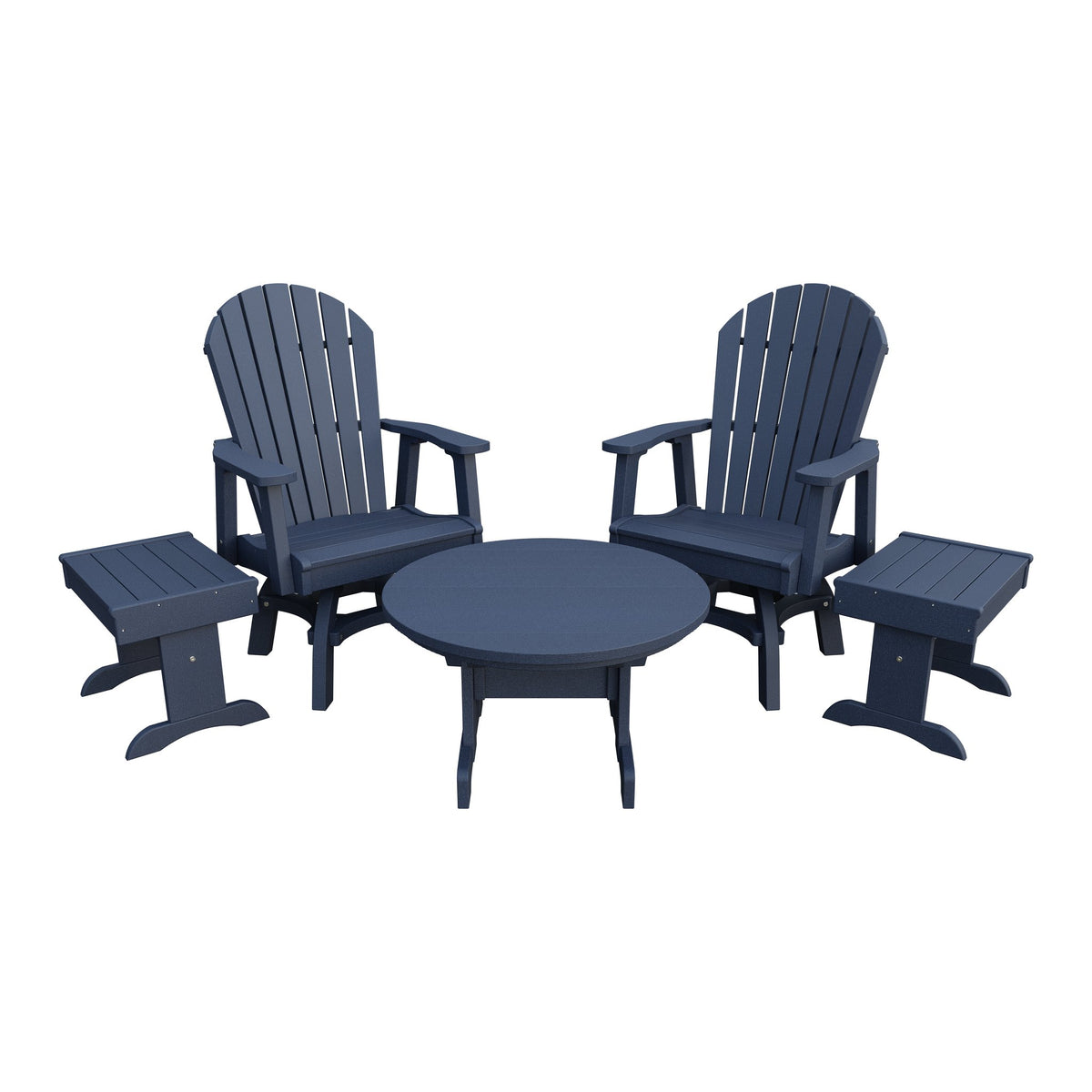 Amish Adirondack 5pc Set: 2 Swivel Dining Chairs, 2 End Tables & Round Coffee Table in Patriot Blue