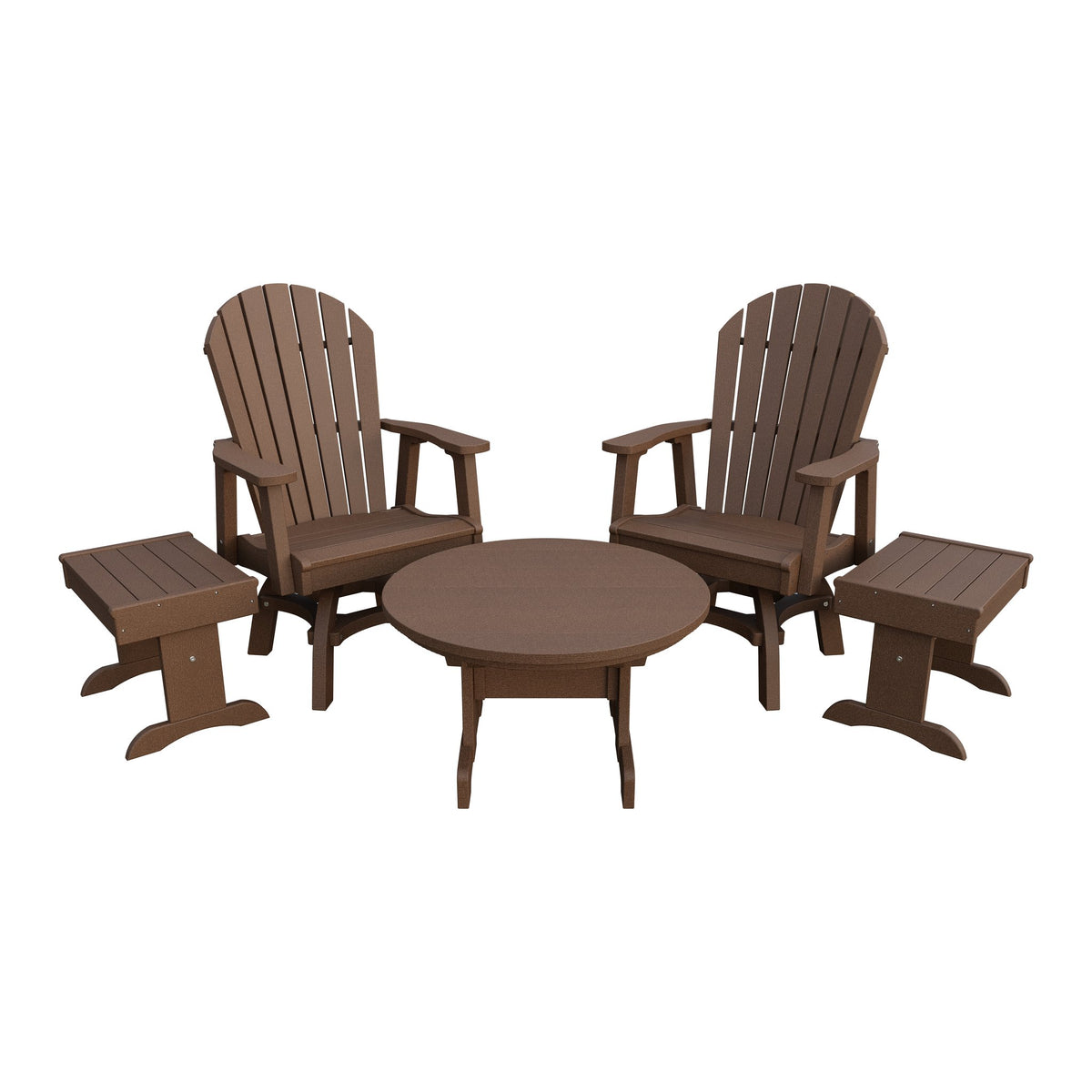 Amish Adirondack 5pc Set: 2 Swivel Dining Chairs, 2 End Tables & Round Coffee Table in Tudor Brown