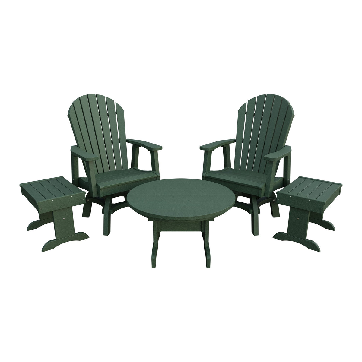 Amish Adirondack 5pc Set: 2 Swivel Dining Chairs, 2 End Tables & Round Coffee Table in Turf Green