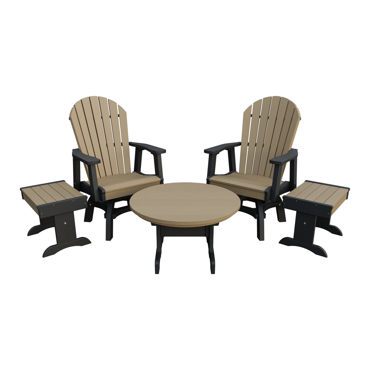 Amish Adirondack 5pc Set: 2 Swivel Dining Chairs, 2 End Tables & Round Coffee Table in Weathered Wood & Black