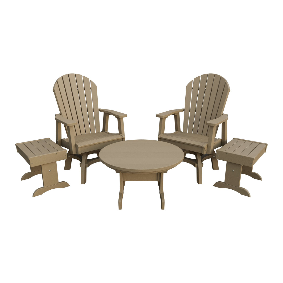 Amish Adirondack 5pc Set: 2 Swivel Dining Chairs, 2 End Tables & Round Coffee Table in Weathered Wood