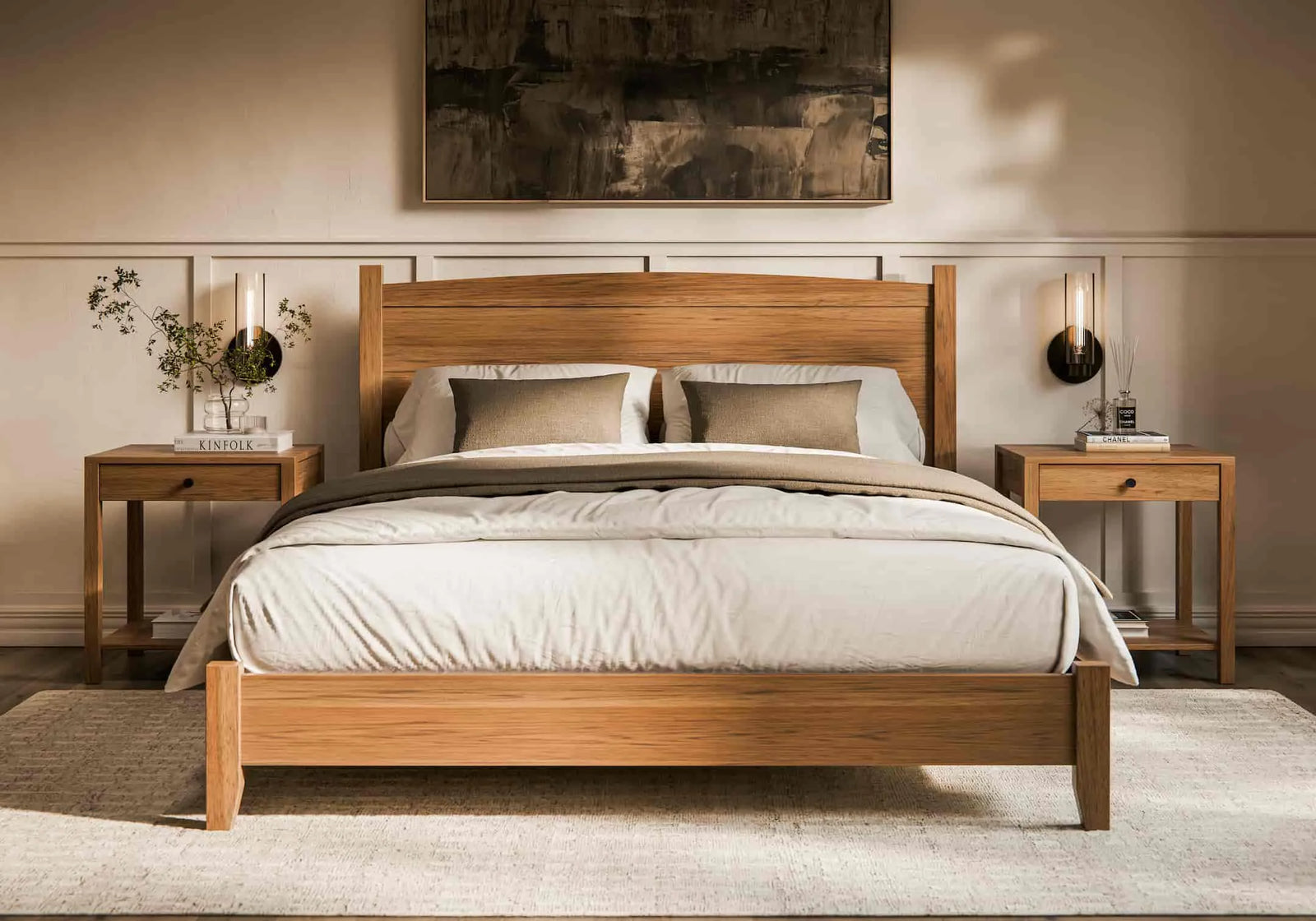 Wooden bed with beige bedding in a bedroom setting