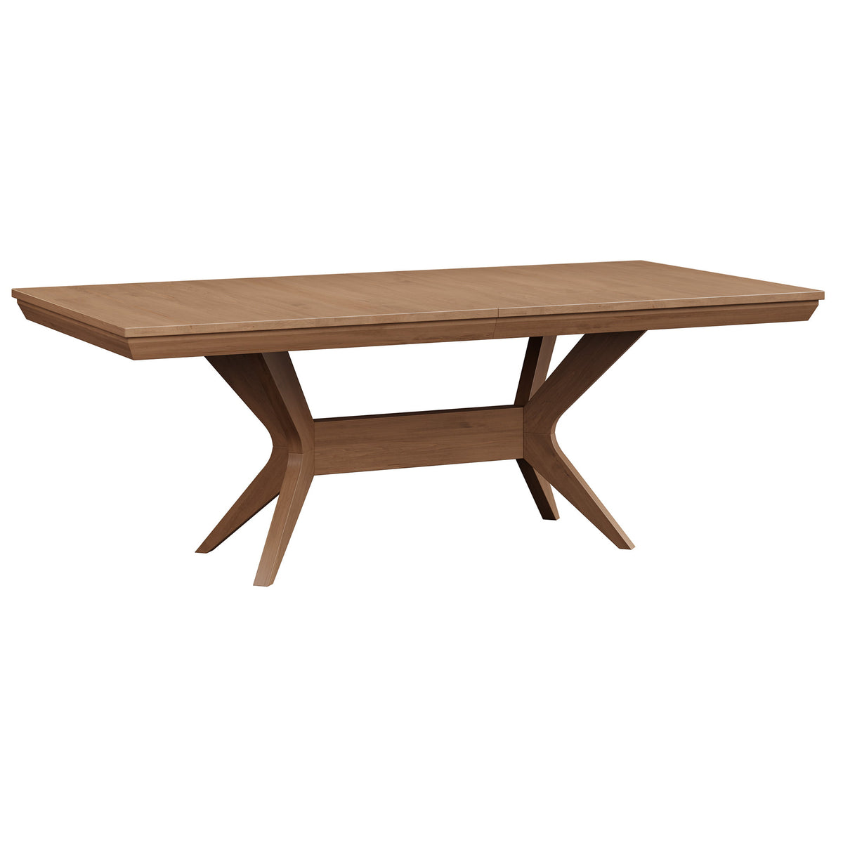 A modern wooden dining table with a rectangular extendable top and a sculptural X-shaped pedestal base, shown on a plain white background.