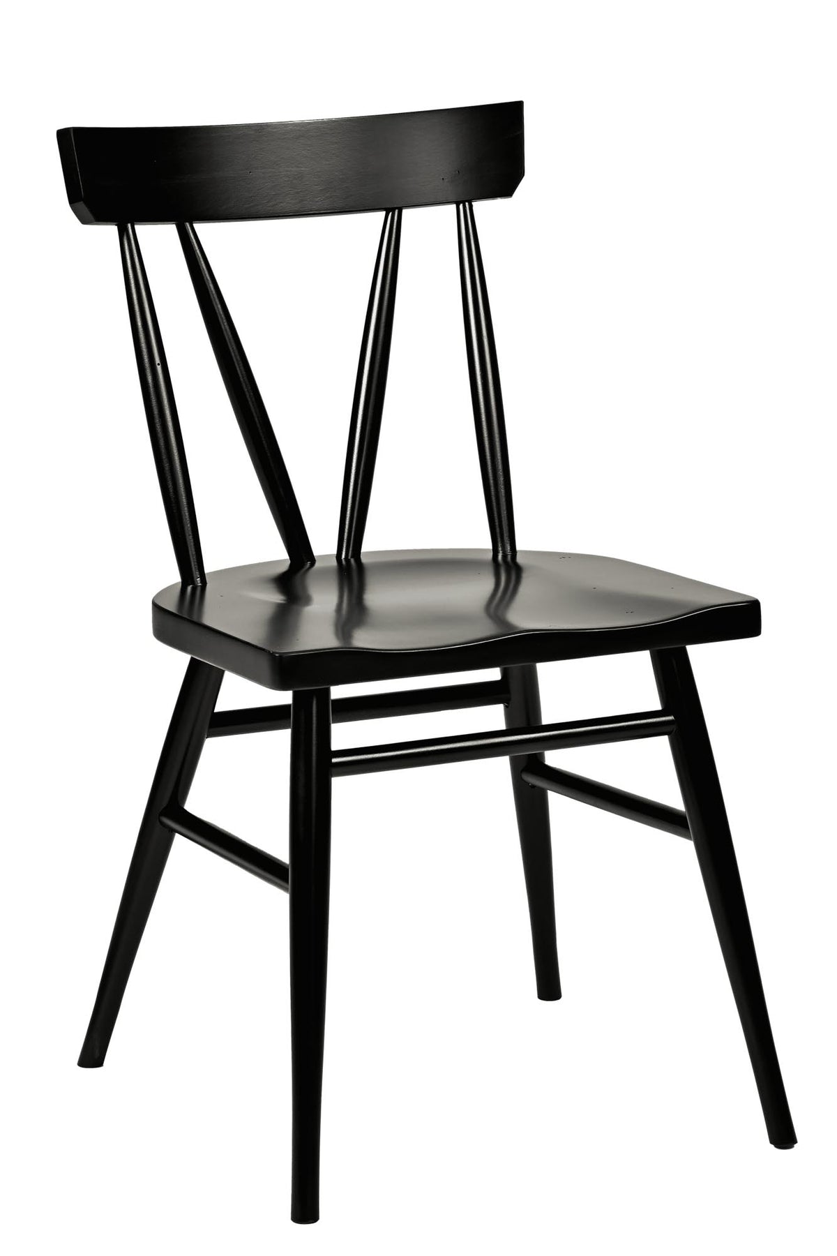 A black wooden dining chair with a slatted backrest and tapered legs, shown from a three-quarter angle on a plain white background.