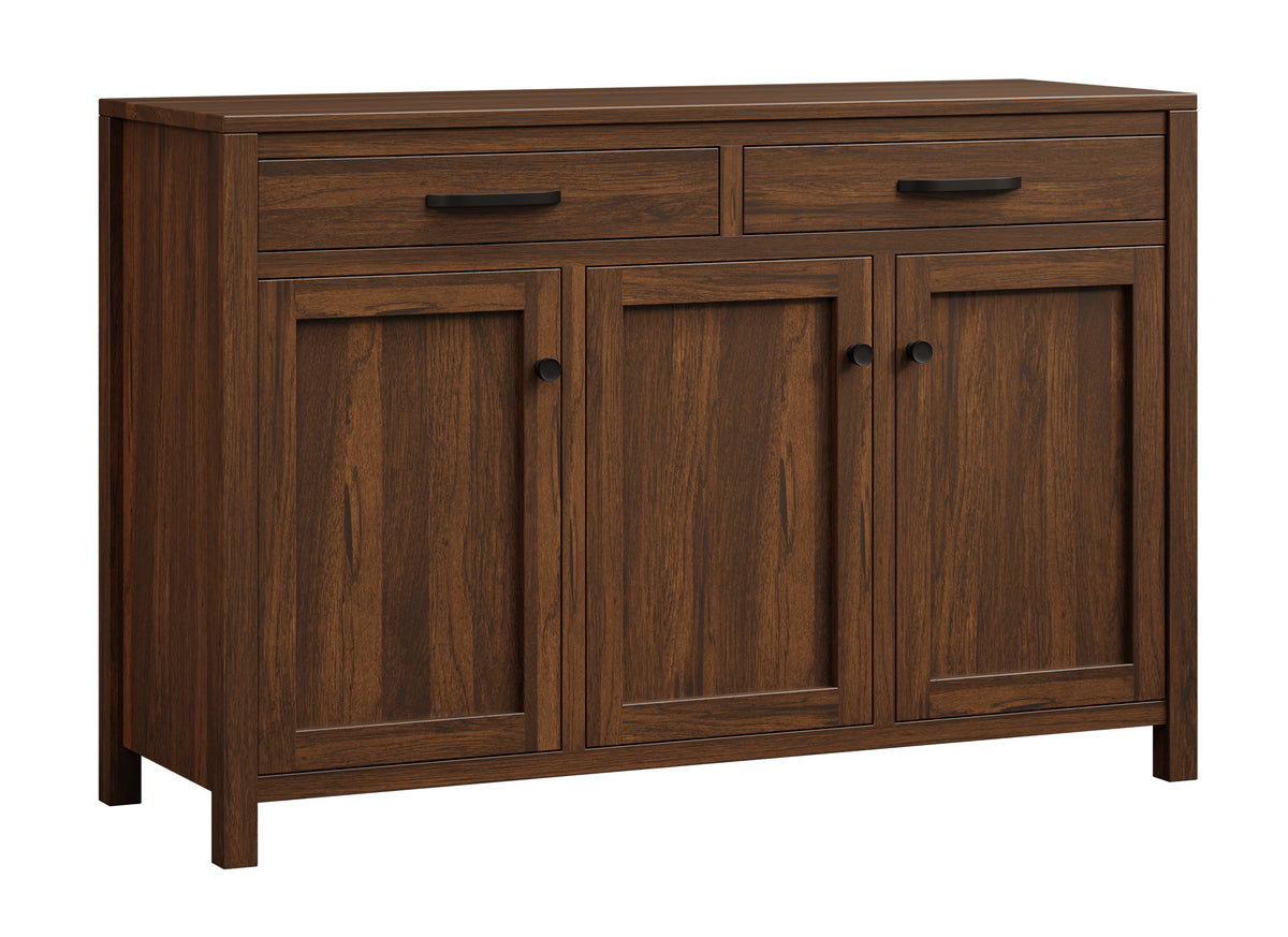 Wooden sideboard with doors and drawers on a white background