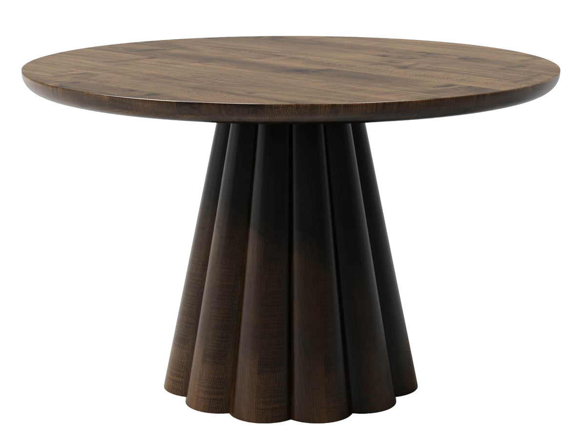 Round wooden table with a dark brown finish on a white background