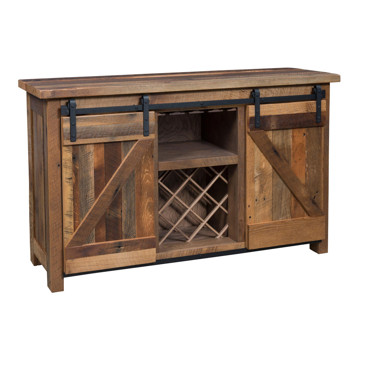 Rustic wooden media console with barn-style sliding doors, an open center shelf, and a wine bottle rack in the middle, shown on a plain white background.