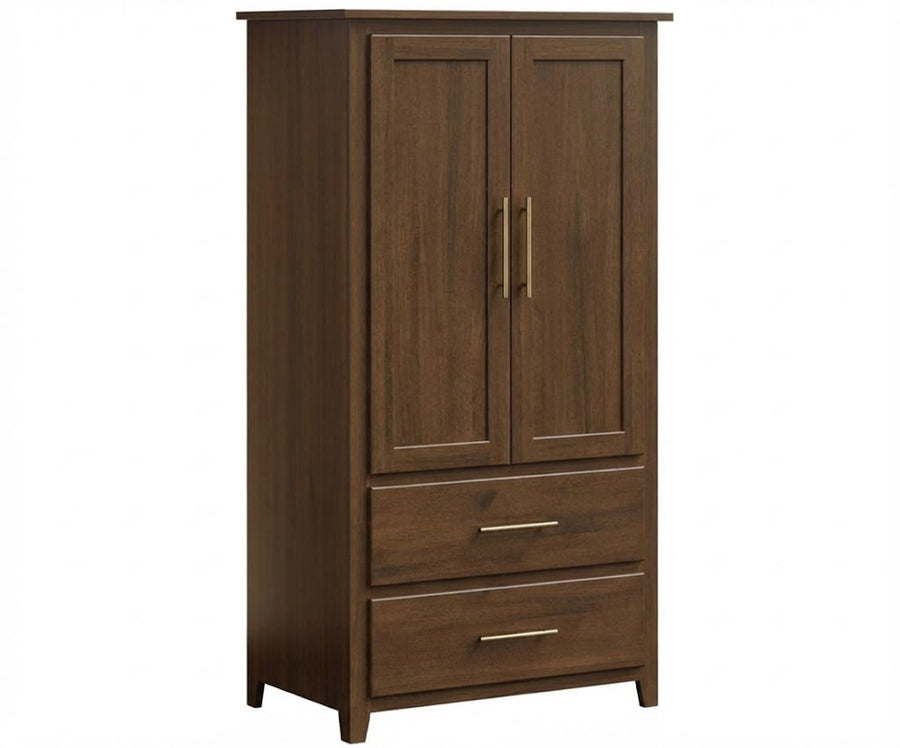 Solid wood armoire in dark walnut with two tall paneled doors, two bottom drawers and long brass bar pulls