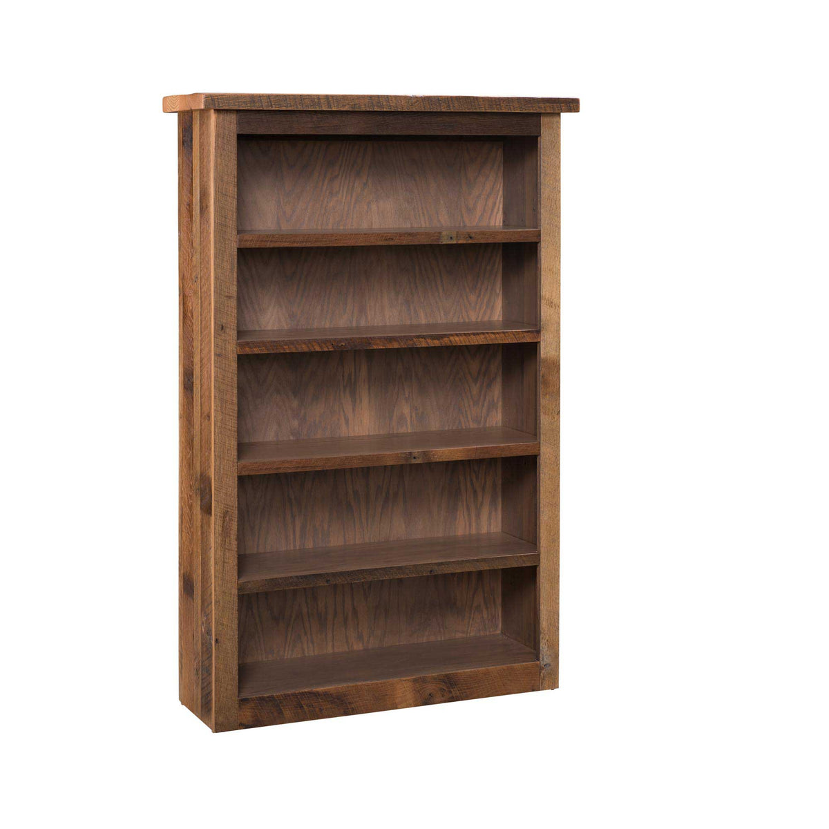 Wooden bookshelf with five shelves on a white background