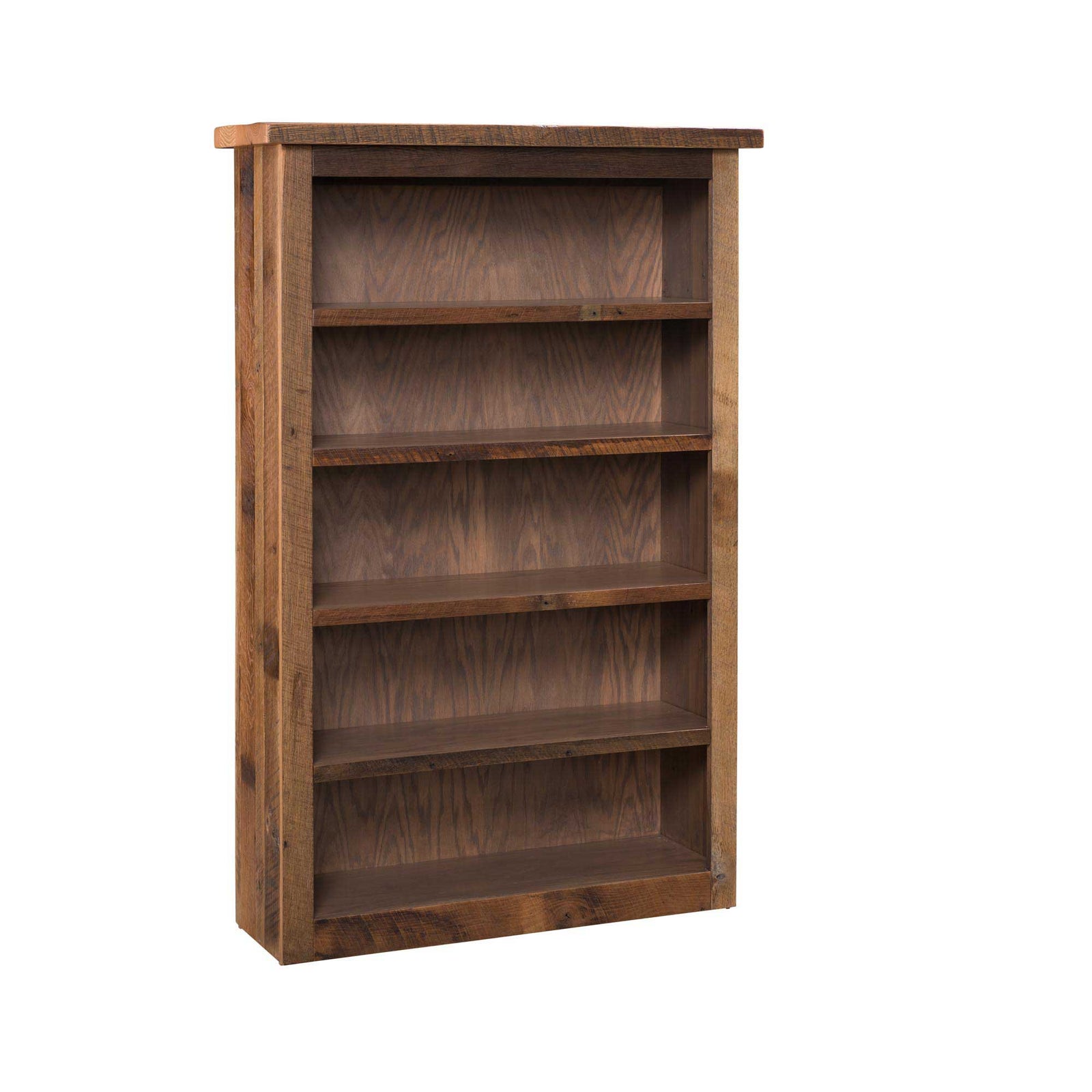 Wooden bookshelf with five shelves on a white background