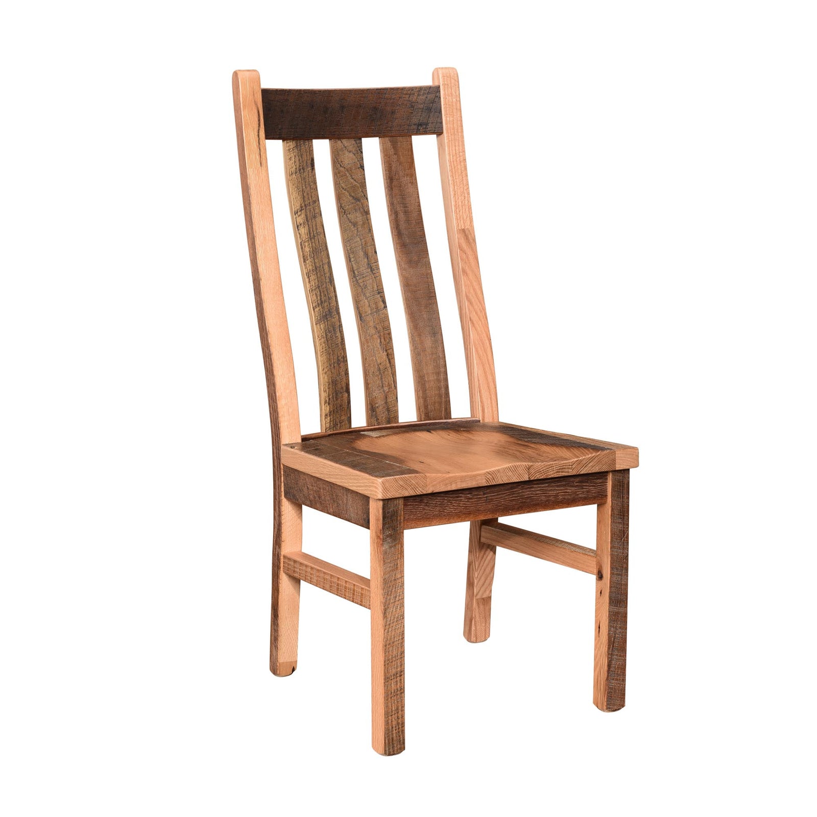 Reclaimed wood dining chair with three wide vertical back slats, saddle seat and mixed tone oak frame